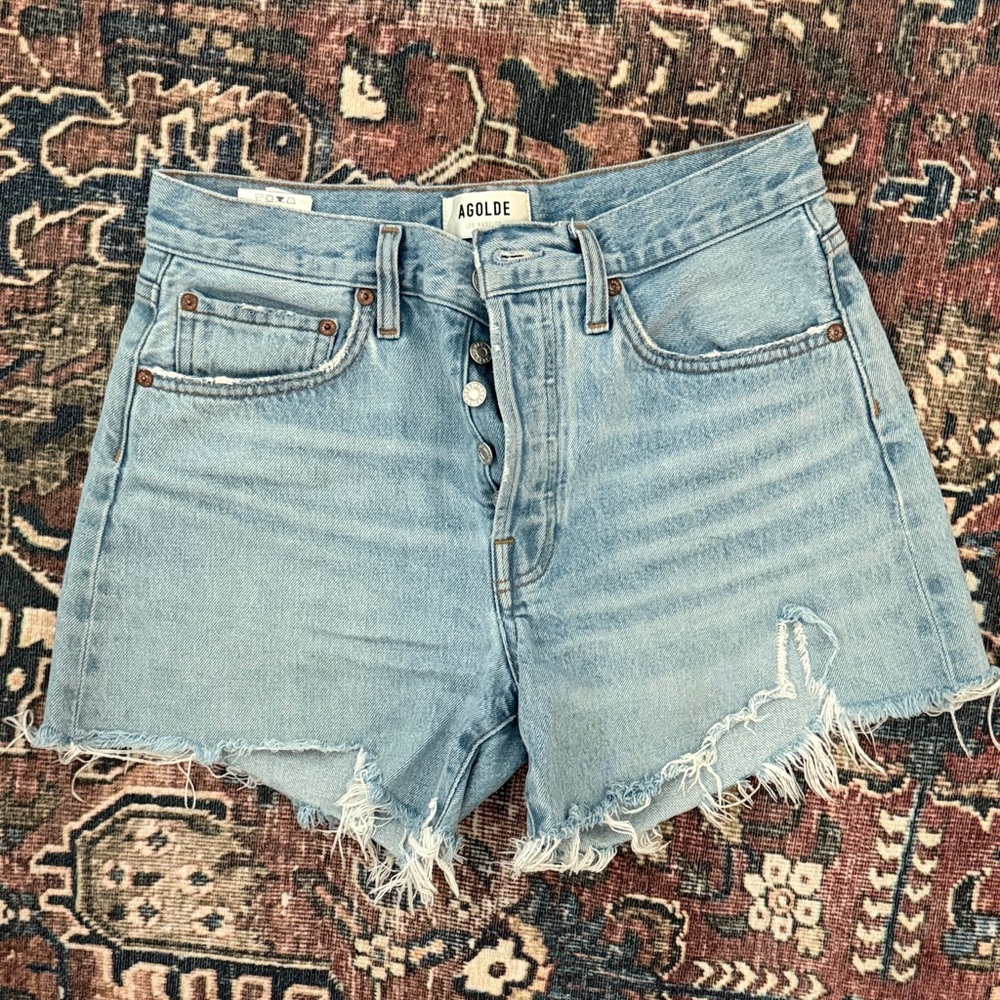 Agolde Light Wash High-Rise Frayed Denim Shorts